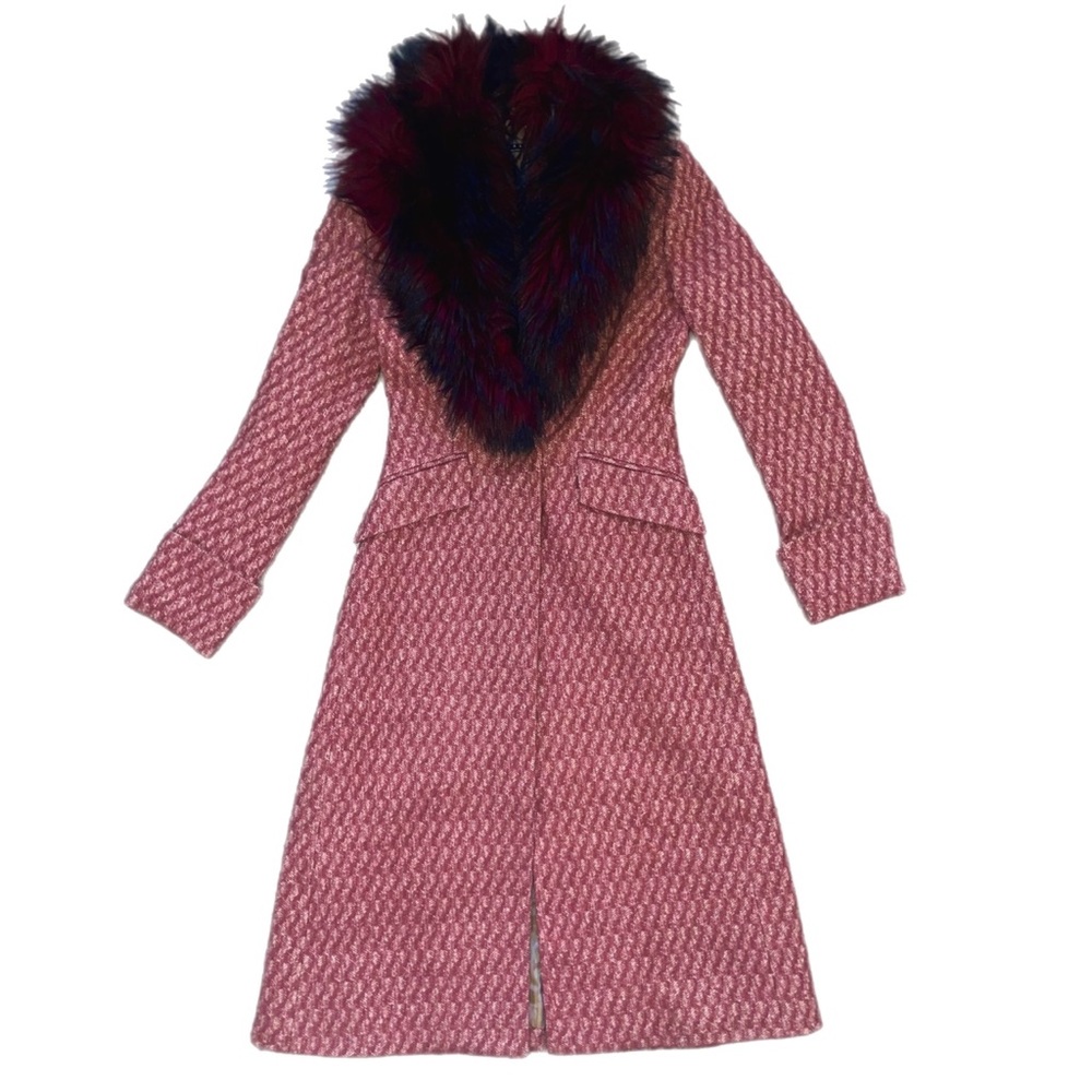 Sisley red & beige long wool & silk trench coat w/ detachable faux fur collar